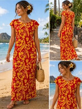 Vintage Made in Hawaii Hibiscus Dress Red Yellow Tropical Maxi Luau Resort